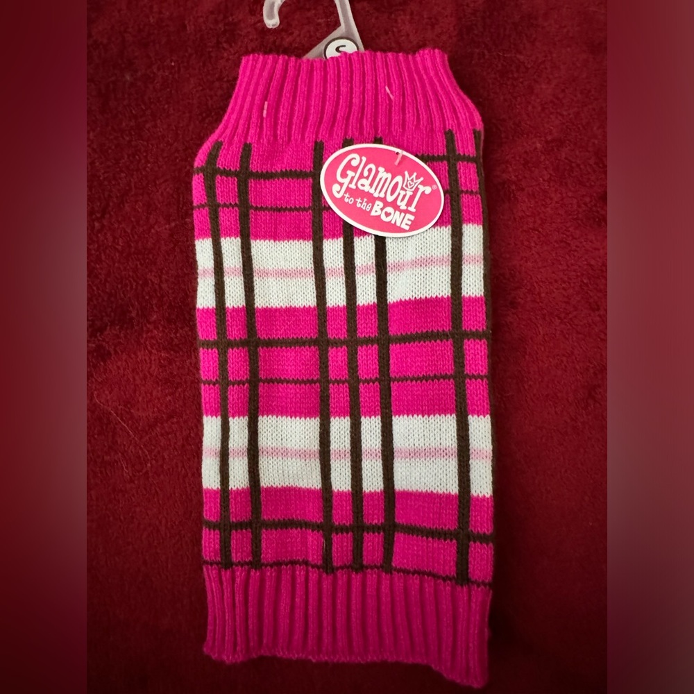 New GLAMOUR TO THE BONE HOT PINK PLAID DOG SWEATER SZ. S